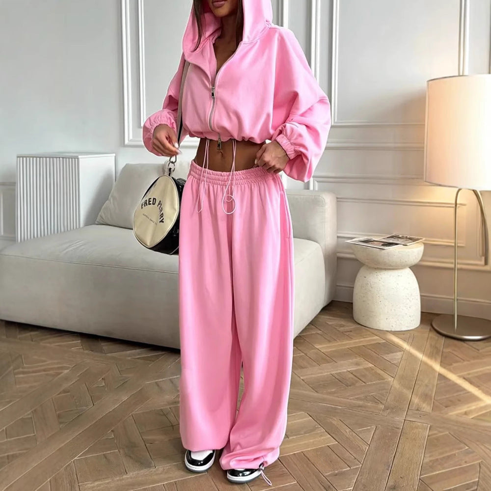 Damen nan kurzes Reißverschluss-Cropped-Hoodie und weitgeschnittene Highwaist-Loungehose Set R&B