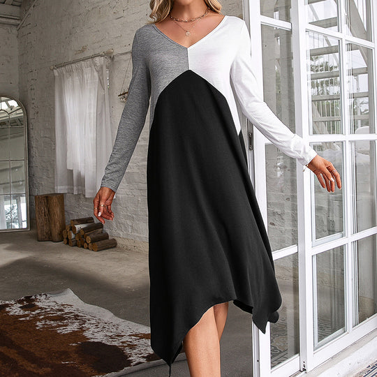 Damen langärmliges Wickelkleid mit asymmetrischem Saum und V-Ausschnitt R&B