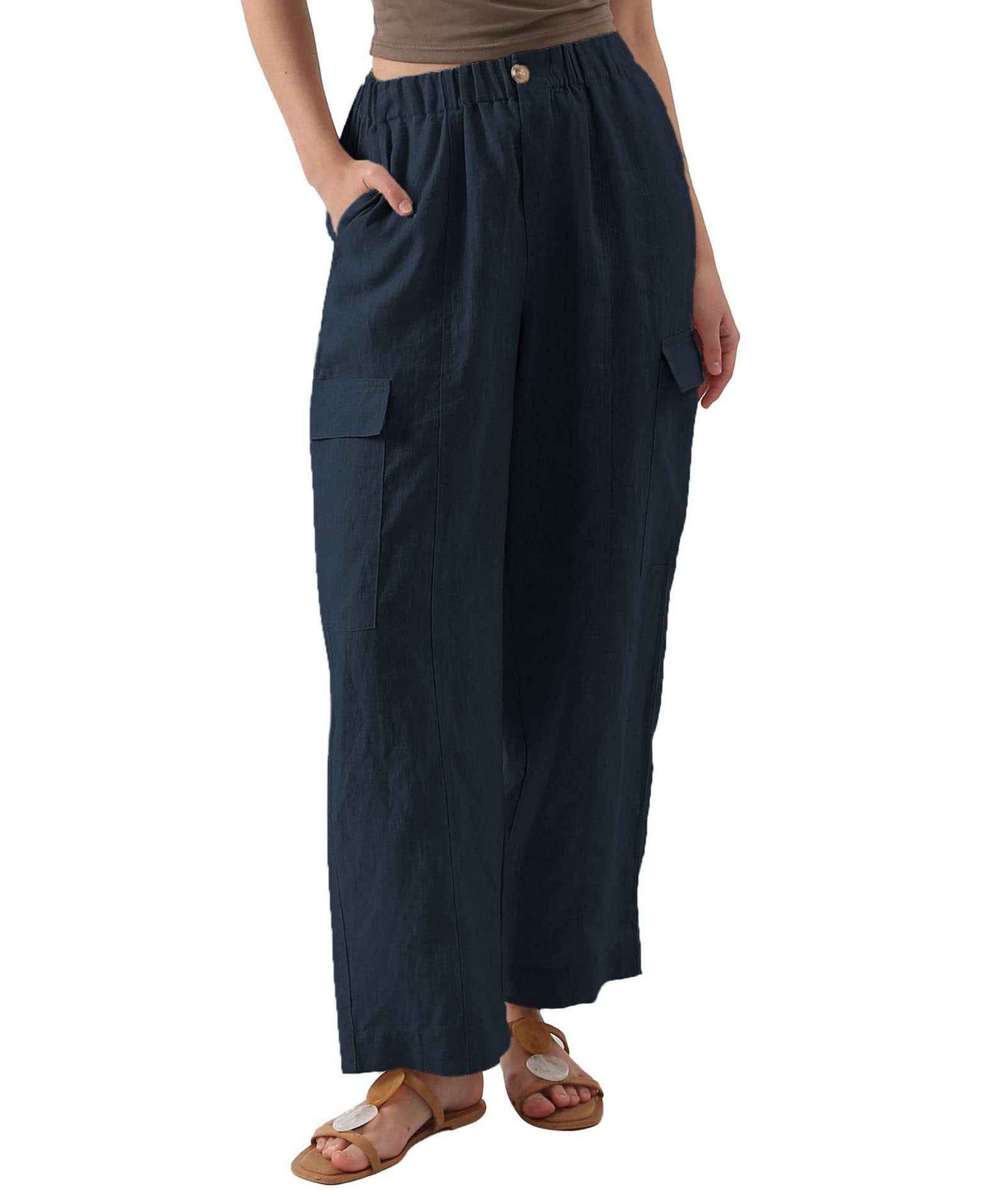 Damen lässige Leinen-Cargo-Hose mit hohen Taschen und elastischem Bund R&B