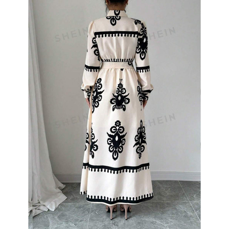Damen Langarm-Maxikleid mit elegantem Knopfdesign und taillierbarem Gürtel R&B