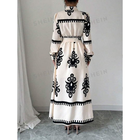 Damen Langarm-Maxikleid mit elegantem Knopfdesign und taillierbarem Gürtel R&B