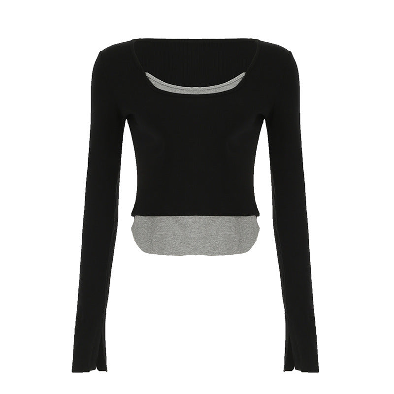 Damen Langarm Crop-Top mit doppeltem U-Boot-Ausschnitt und raffiniertem Design R&B