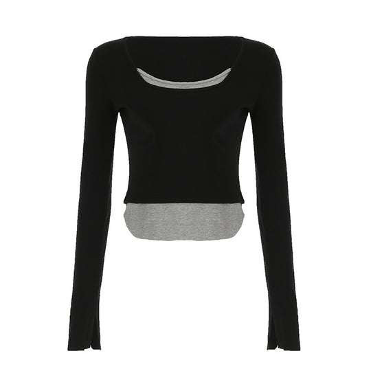 Damen Langarm Crop-Top mit doppeltem U-Boot-Ausschnitt und raffiniertem Design R&B