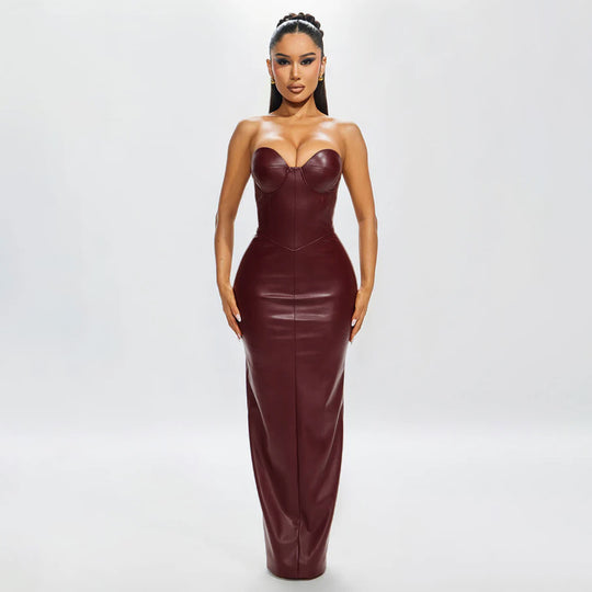 Damen figurbetontes Kunstlederkleid mit herzförmigem Ausschnitt und elegantem Schnitt R&B