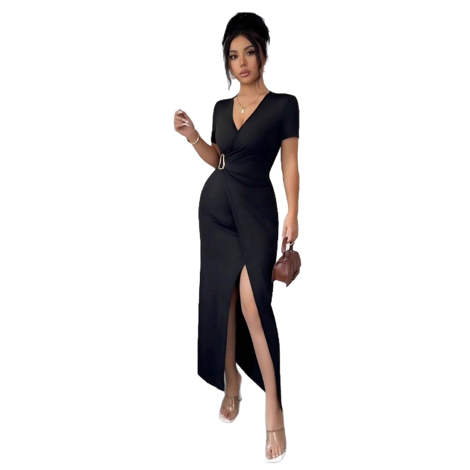 Damen nan figurbetontes Wickel-Midikleid mit V-Ausschnitt, Taillenring und hohem Beinschlitz R&B