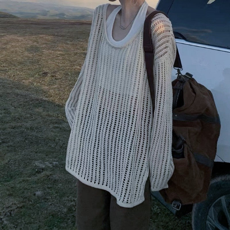 Damen luftiger Strickpullover mit weitem Schnitt und dezentem Lochmuster