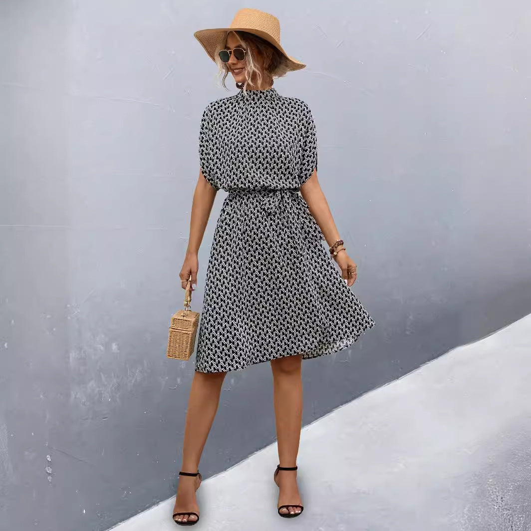 Damen Midikleid mit Gummizug und hochgeschlossenem Kragen R&B