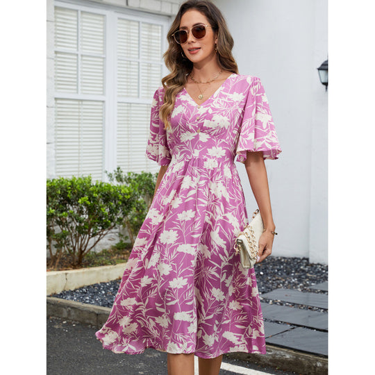 Damen Sommerliches Midikleid mit verspielten Rüschendetails und V-Ausschnitt R&B