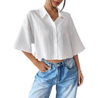 Damen nan weite Kurzbluse mit Hemdkragen und feiner Plissee-Struktur R&B