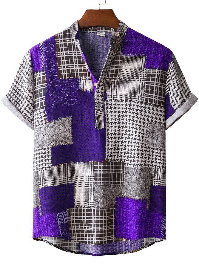 Herren Kurzarmhemd mit kreativem Patchwork-Design und stylischem Henley-Ausschnitt