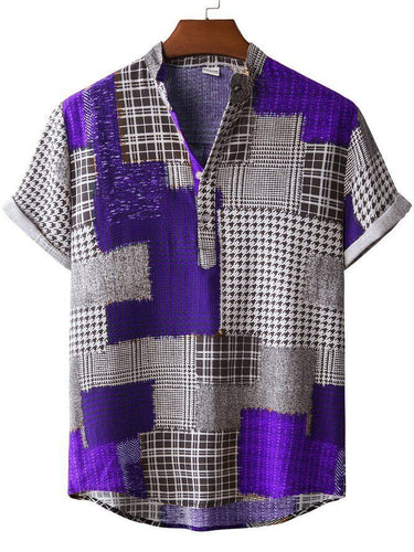 Herren Kurzarmhemd mit kreativem Patchwork-Design und stylischem Henley-Ausschnitt R&B