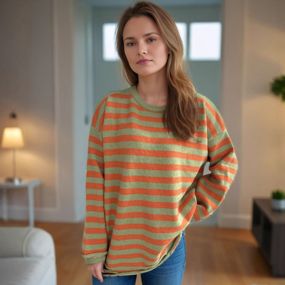 Damen lässiger Oversize-Pullover mit breiten Streifen R&B