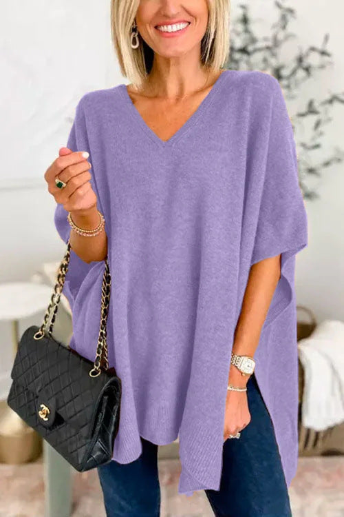 Damen V-Pullover aus feinem Strick mit weit geschnittenen Ärmeln und lässigem Stil R&B