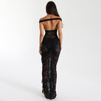 Damen Elegantes Spitzen-Maxi-Kleid mit schulterfreiem Design und Rüschendetails R&B