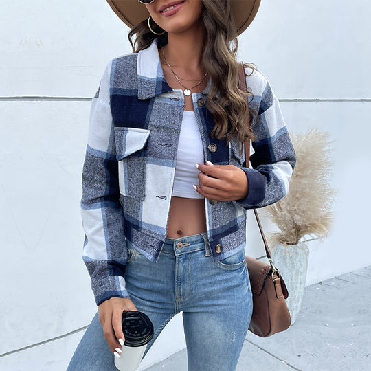 Damen Karierte Denimjacke mit Knöpfen und Brusttaschen R&B