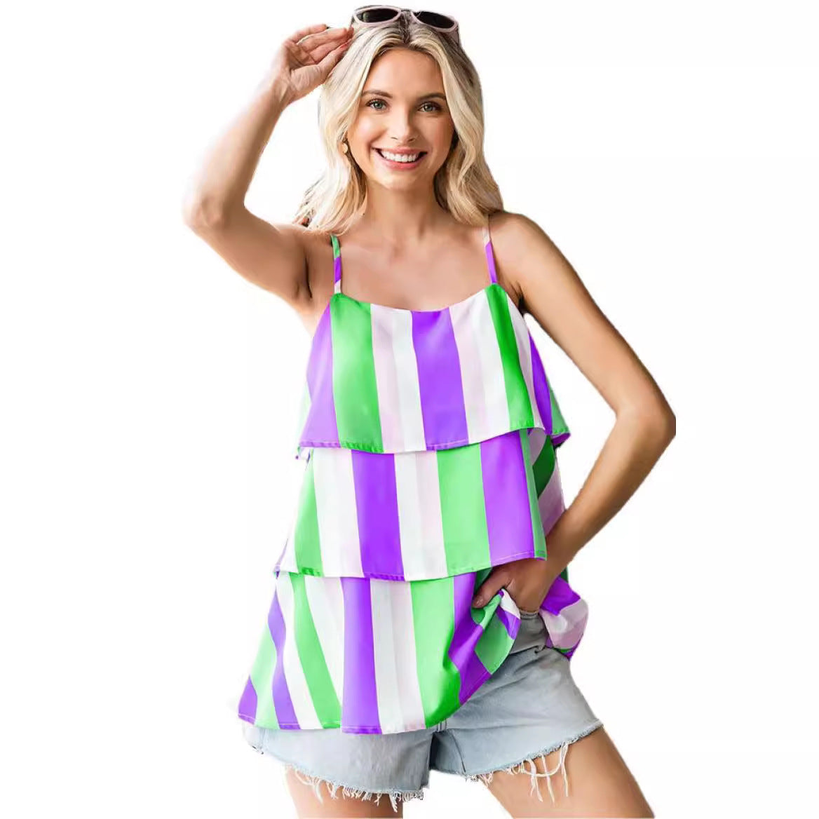 Damen luftiges Streifen-Top mit geschichtetem Design R&B