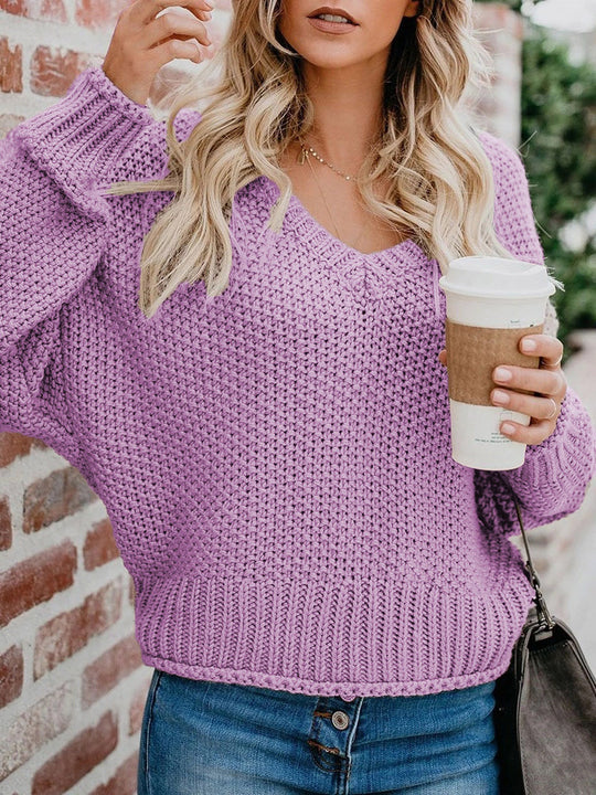 Damen lässiger V-Ausschnitt Pullover mit lockerem Schnitt und strukturiertem Strick R&B