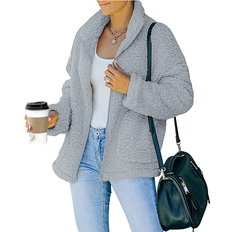 Damen kuschelige Fleecejacke mit Oversized-Schnitt und tiefem Kragen R&B