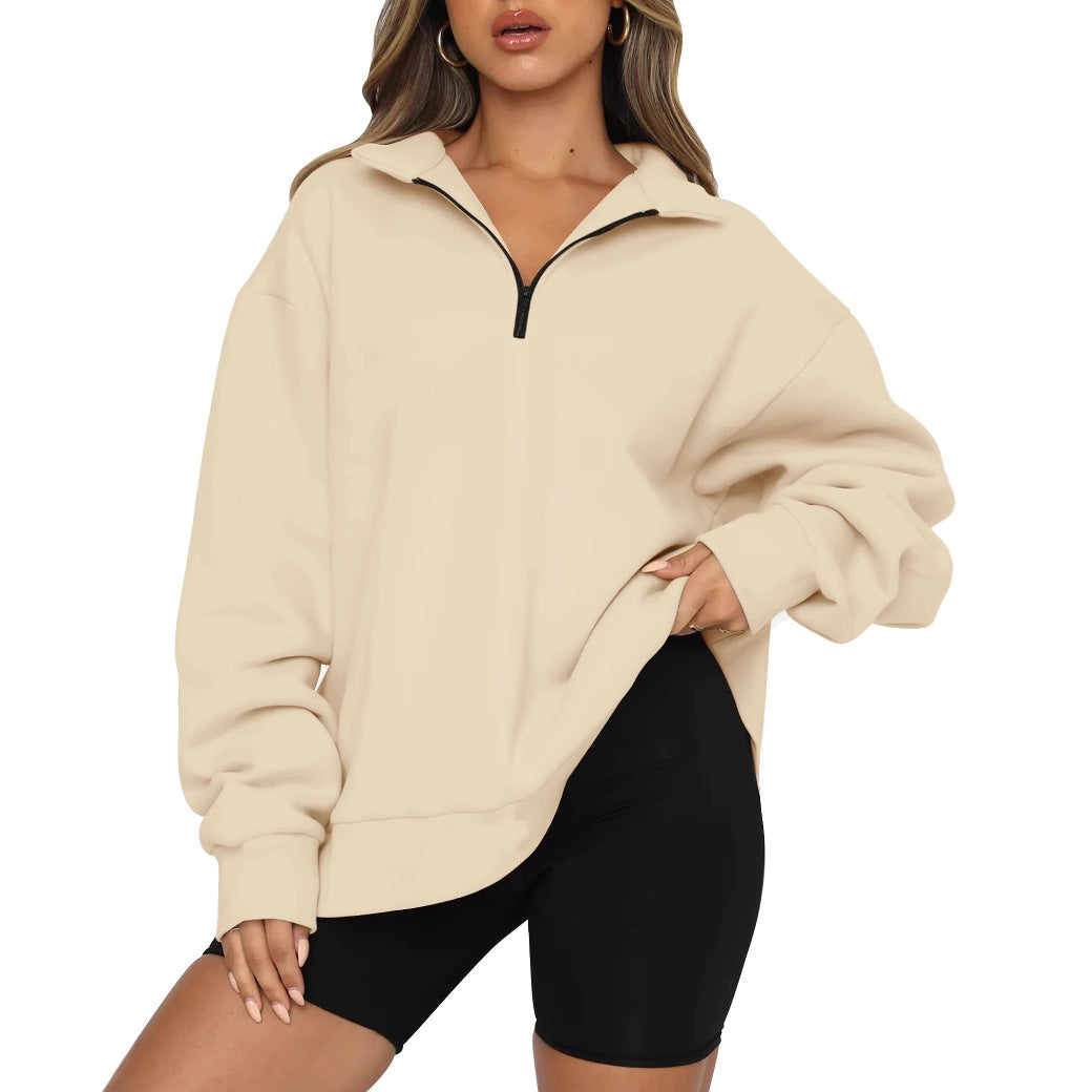 Damen Sportlicher Oversized Pullover mit Reißverschluss und seitlichem Schlitz R&B