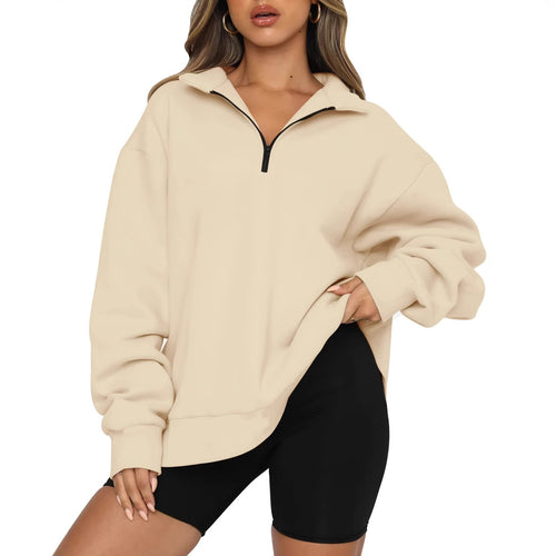 Damen Sportlicher Oversized Pullover mit Reißverschluss und seitlichem Schlitz R&B