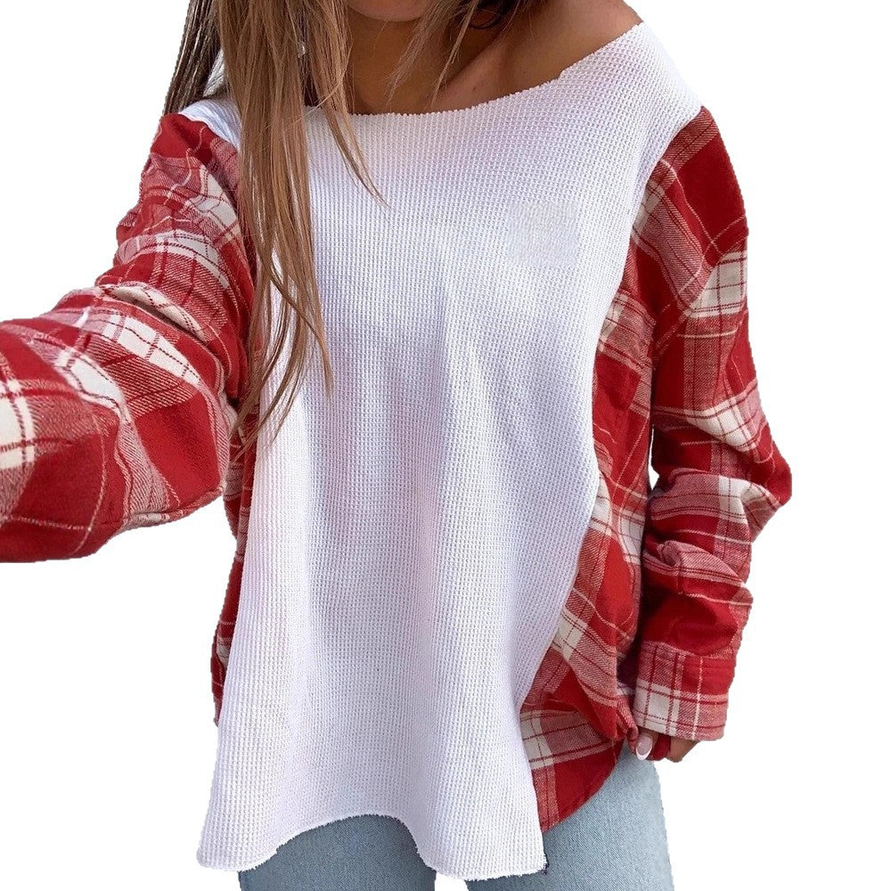 Damen nan Oversize Langarmshirt im Materialmix mit strukturierter Waffelstrick-Front und karierter Ärmelpartie R&B