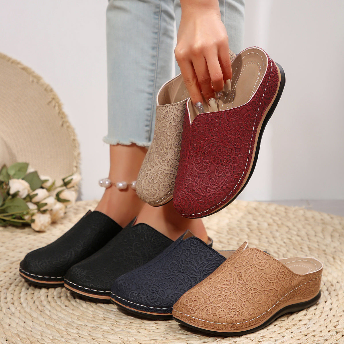 Damen Komfortable Clogs mit eleganter Spitzenstruktur und ergonomischem Fußbett R&B