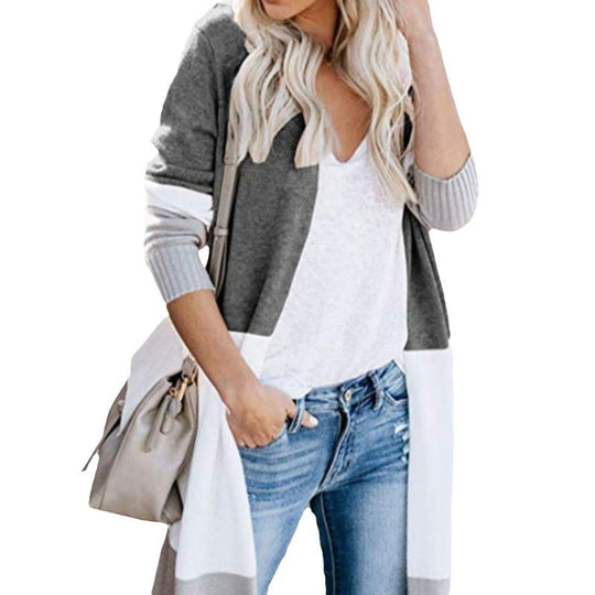 Damen lässiger Strickcardigan mit modernen Farbblockdetails und langen Ärmeln R&B