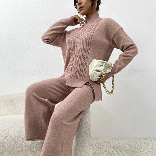 Damen eleganter Strickanzug mit hohem Kragen und farbenfrohem Muster R&B