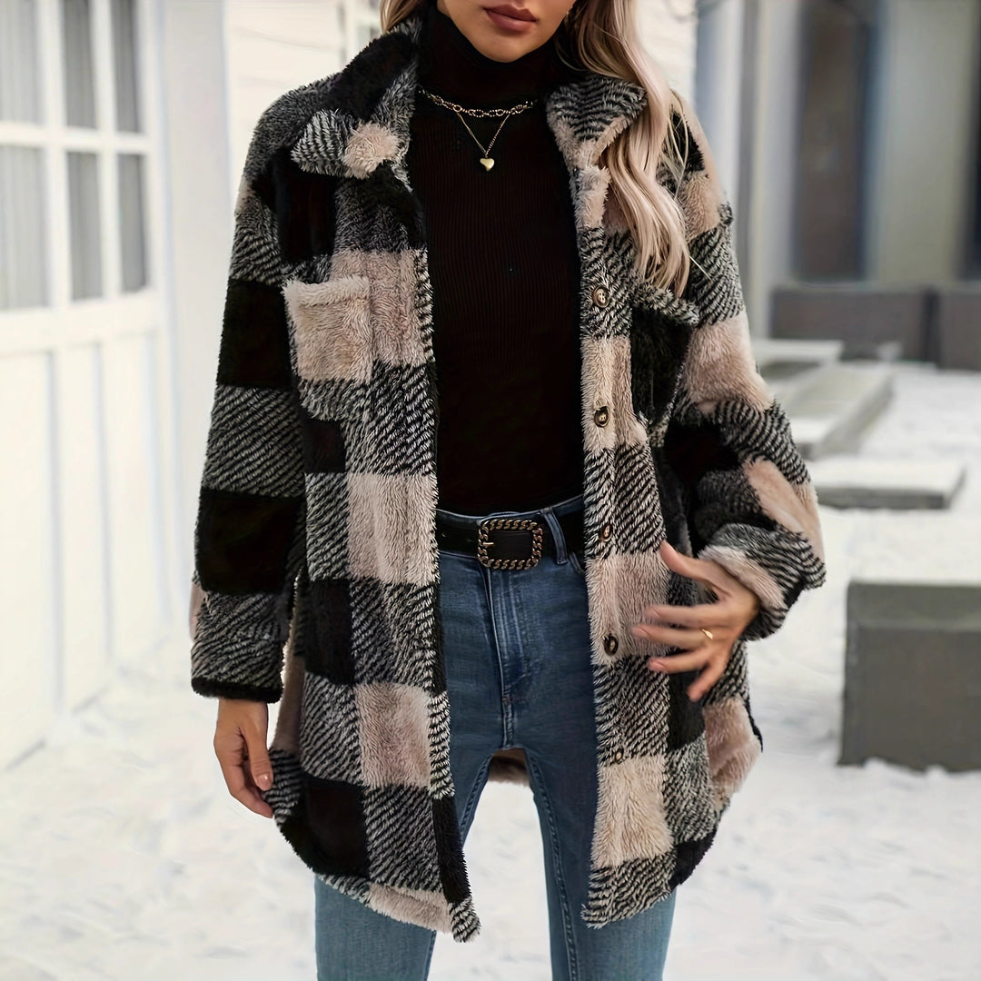 Damen Teddyjacke mit kariertem Muster und weichem Fell R&B