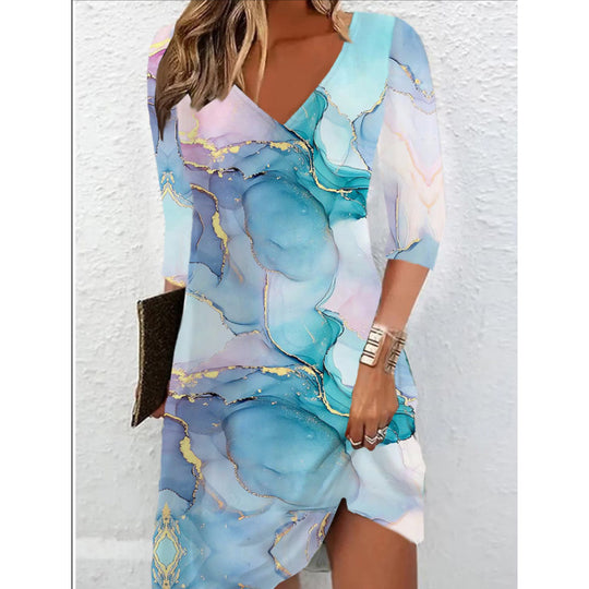 Damen V-Ausschnitt Kleid mit modernem Aquarellmuster R&B