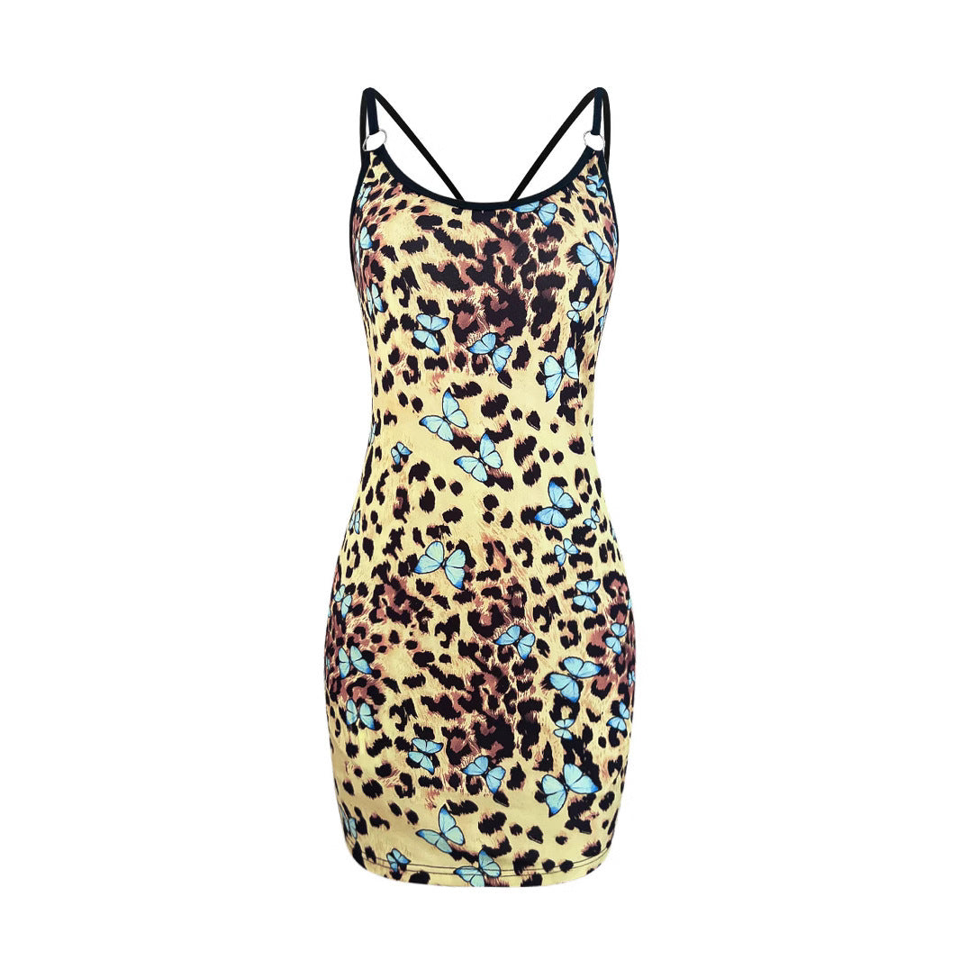 Damen Minikleid mit floralem Tierdruck und verstellbaren Spaghettiträgern R&B