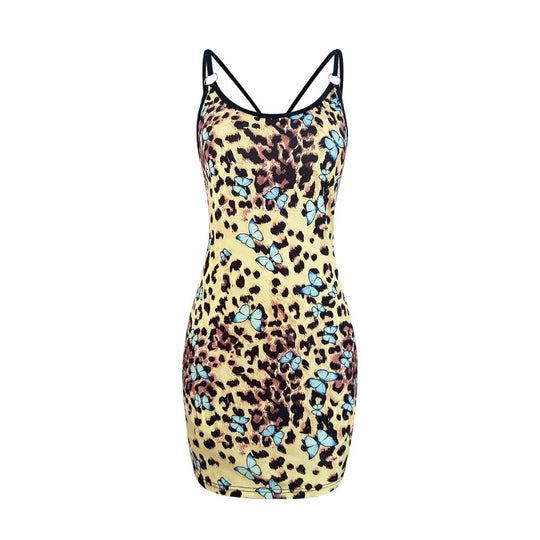Damen Minikleid mit floralem Tierdruck und verstellbaren Spaghettiträgern R&B