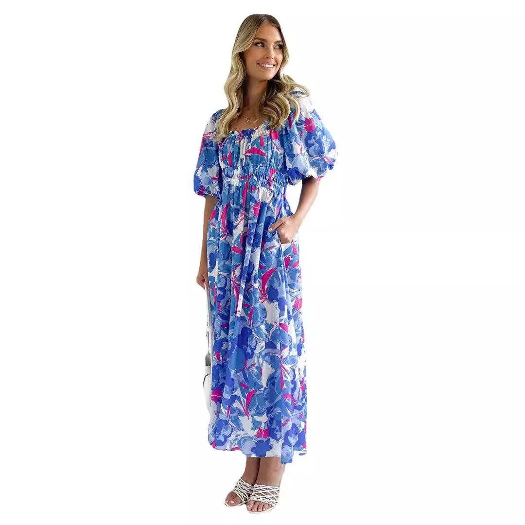 Damen Off-Shoulder Maxikleid mit floralen Mustern und elastischem Bund R&B