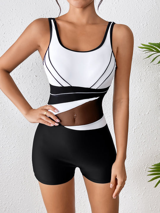 Damen Hochgeschlossener Sportbadeanzug mit modischem Netzdesign R&B