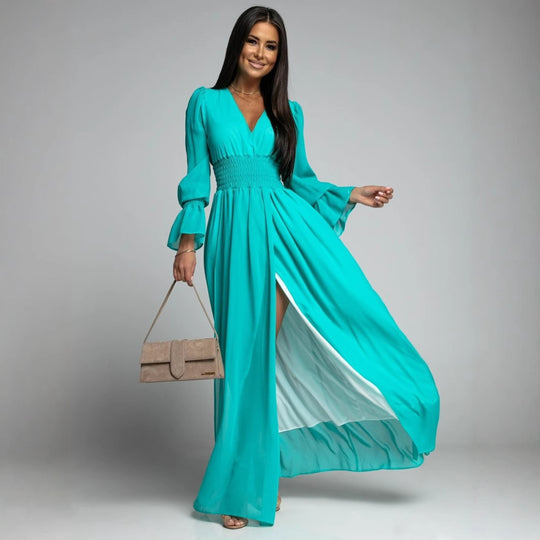 Damen Maxi-Kleid mit tiefem V-Ausschnitt und voluminösen Ärmeln R&B