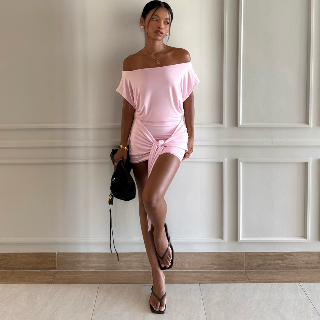 Damen Raffiniertes Minikleid mit angeschnittenem Ausschnitt und seitlichem Knoten R&B