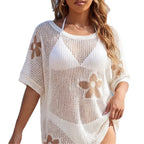 Damen luftiger Netz-Strandpullover mit floralem Muster R&B