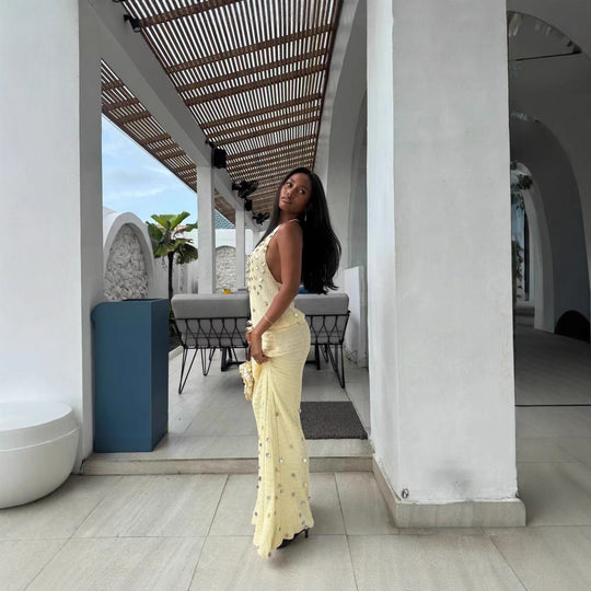 Damen Elegantes gehäkeltes Maxikleid mit funkelnden Akzenten R&B