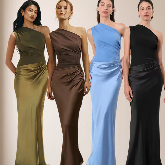 Damen Elegantes Asymmetrisches Abendkleid mit schimmerndem Satin R&B