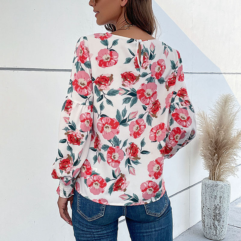 Damen Bluse mit floralen Mustern und voluminösen Ärmeln R&B