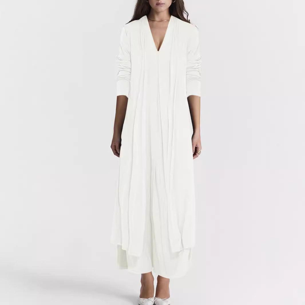 Damen luftiger Maxi-Rock mit elegantem V-Ausschnitt und fließendem Schnitt R&B
