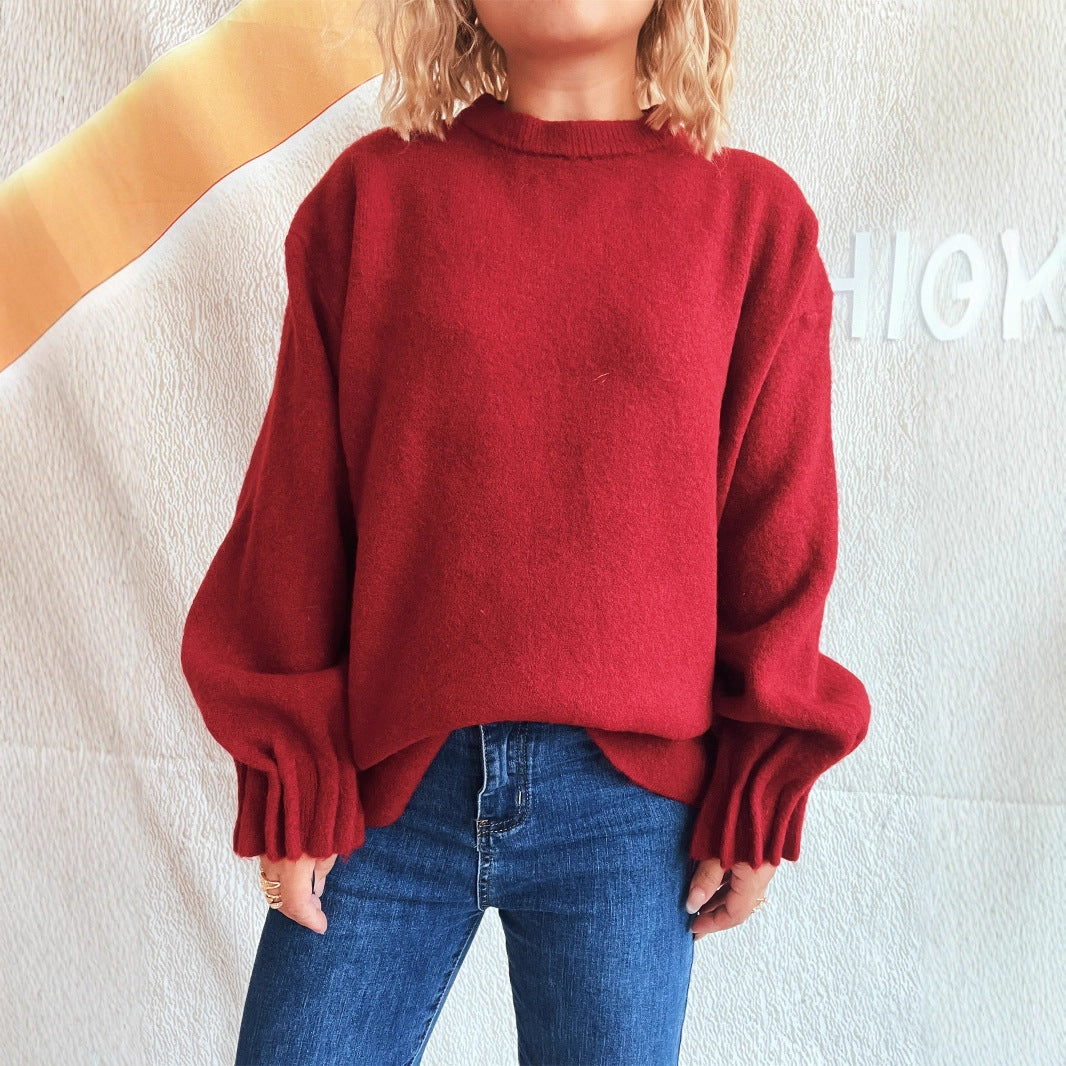 Damen lässiger Strickpullover mit weitem Rundhalsausschnitt und fluffiger Textur R&B