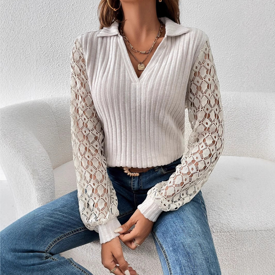 Damen Bluse mit aufwendigen Spitzenärmeln und eleganter Struktur Heidi-Mode