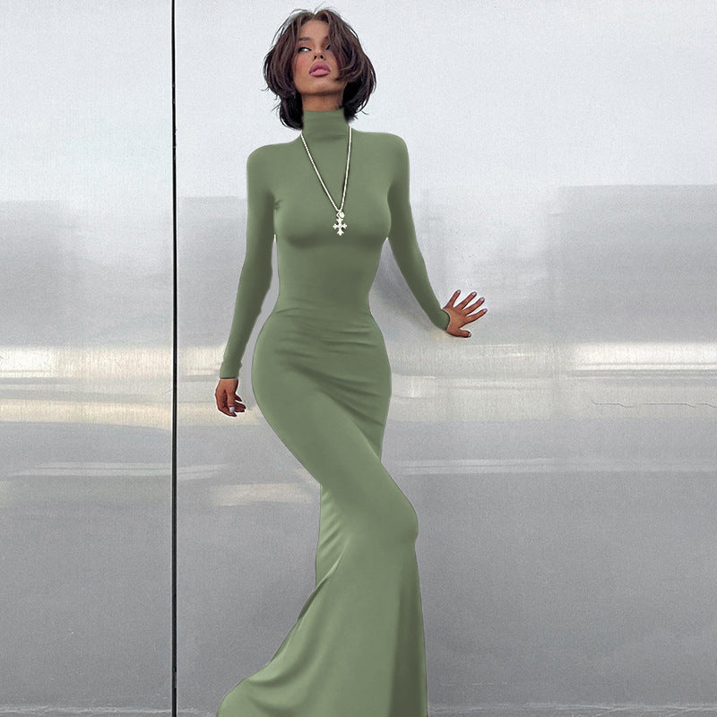 Damen elegantes Maxikleid mit figurbetonter Silhouette und hohem Kragen R&B