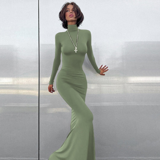 Damen elegantes Maxikleid mit figurbetonter Silhouette und hohem Kragen R&B