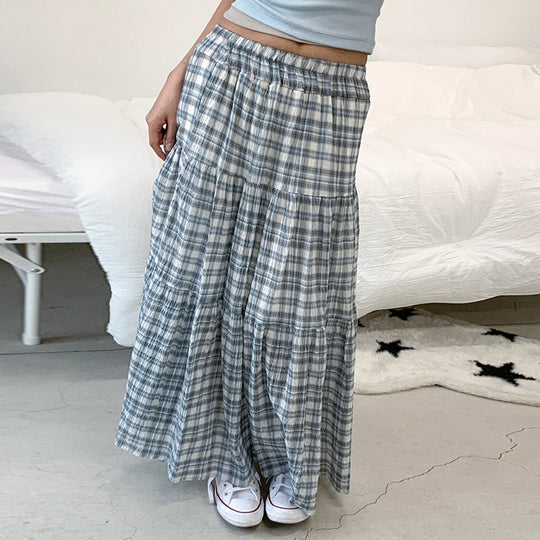 Damen Maxirock mit voluminösem Rüschen-Design und klassischem Karo-Muster R&B