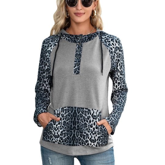 Damen Kapuzenpullover mit Leopardenmuster und Kängurutasche R&B