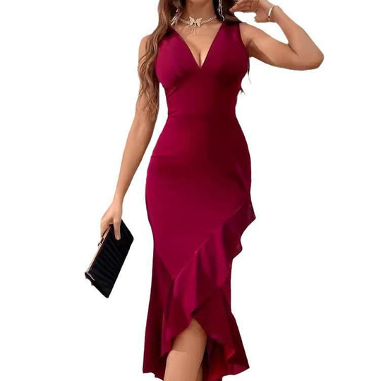 Damen figurbetontes Kleid mit asymmetrischem Saum und V-Ausschnitt R&B