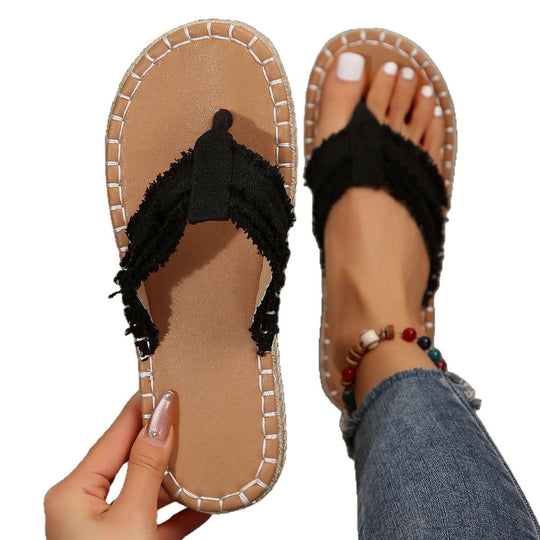 Damen lässige Zehentrenner-Sandalen mit raffinierten Fransen und bequemer Fußbettung R&B