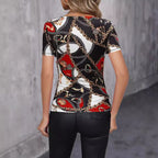 Damen Elegantes V-Ausschnitt T-Shirt mit auffälligem Kettenmuster R&B